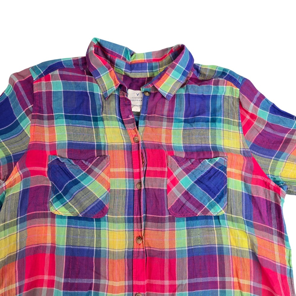 American Eagle Vintage Boyfriend Rainbow Plaid Flannel Shirt L Multi Color